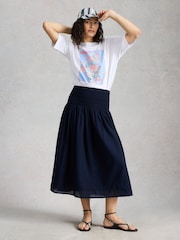 White Stuff Blue Suri Shirred Midi Skirt - Image 3 of 6