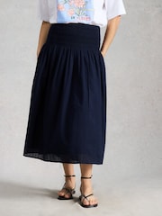 White Stuff Blue Suri Shirred Midi Skirt - Image 4 of 6