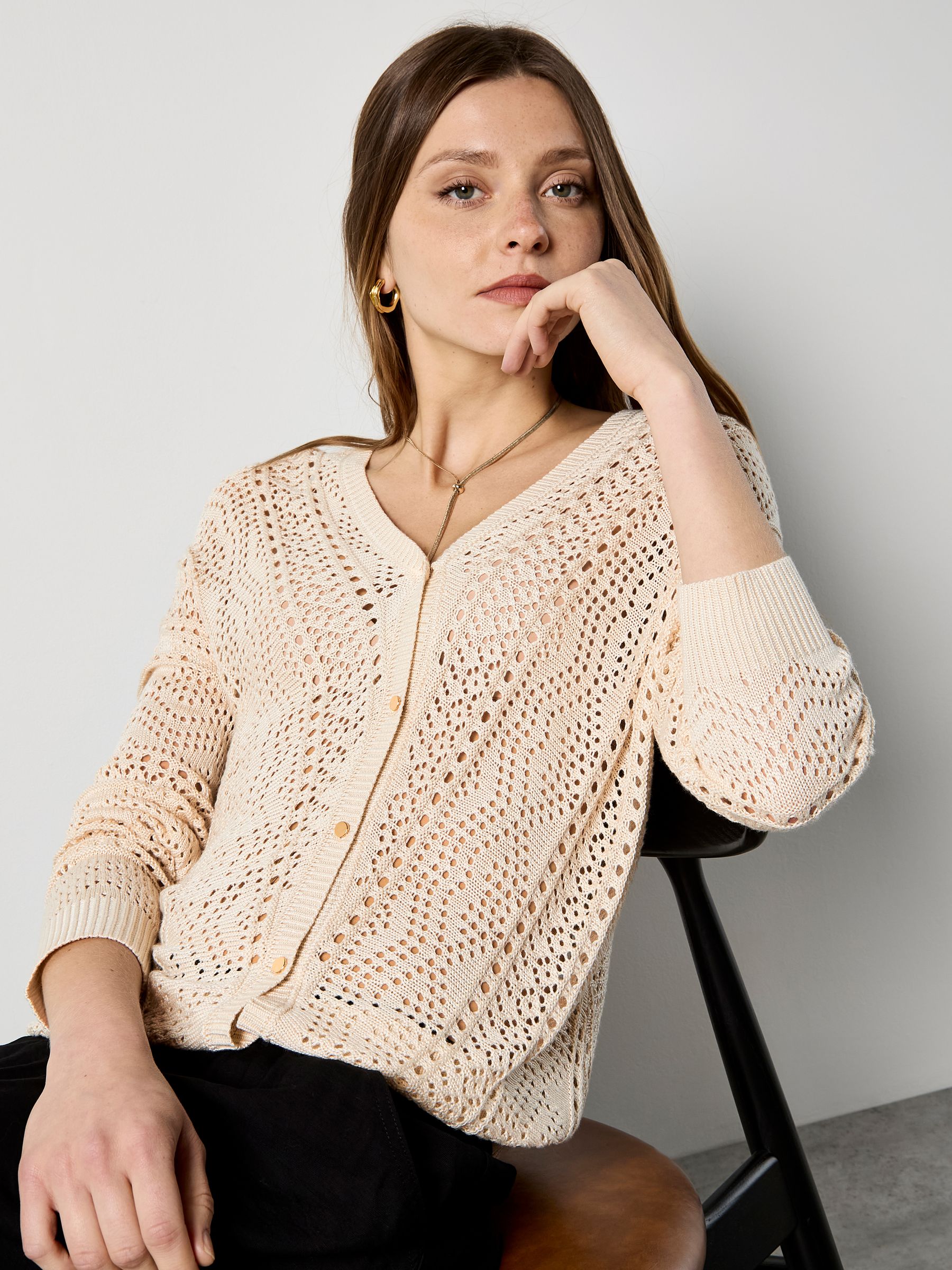 Buy Apricot Natural Chevron Pointelle Knit Cardigan from the Next