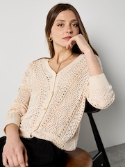 Apricot Natural Chevron Pointelle Knit Cardigan - Image 1 of 4
