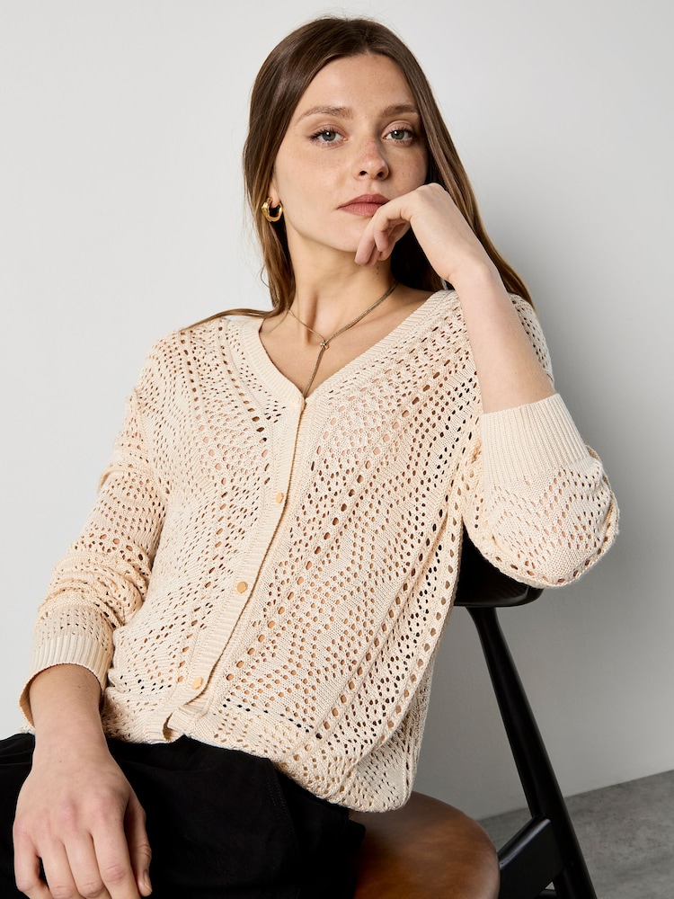 Apricot Natural Chevron Pointelle Knit Cardigan - Image 1 of 4