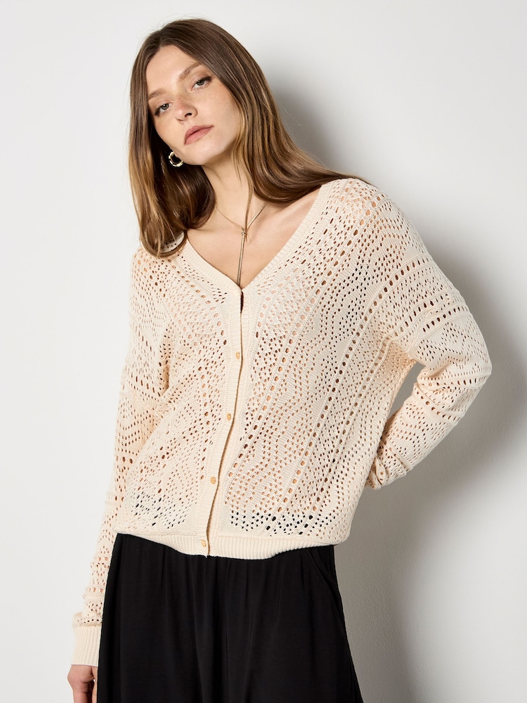 Apricot Natural Chevron Pointelle Knit Cardigan - Image 2 of 4