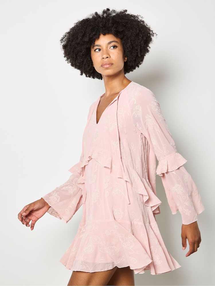 Apricot Pink Chiffon Floral Embroidered Mini Dress - Image 1 of 6