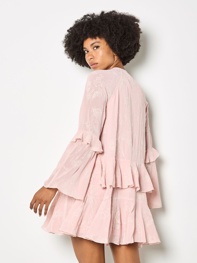 Apricot Pink Chiffon Floral Embroidered Mini Dress - Image 2 of 6