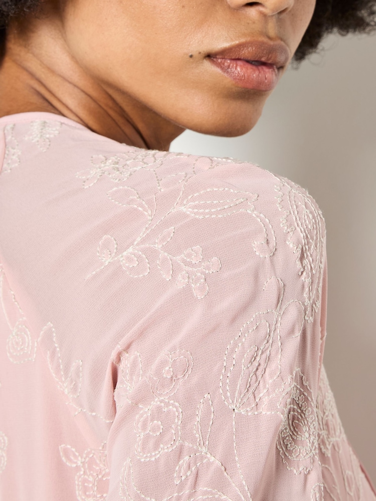Apricot Pink Chiffon Floral Embroidered Mini Dress - Image 6 of 6