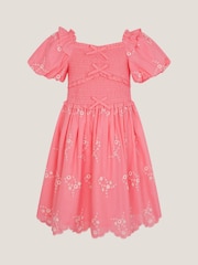Monsoon Pink Embroidered Puff Sleeve Smocked Dress - Image 1 of 3