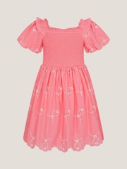 Monsoon Pink Embroidered Puff Sleeve Smocked Dress - Image 2 of 3