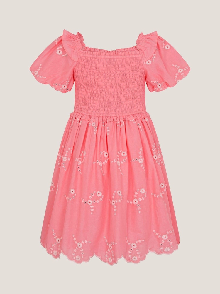 Monsoon Pink Embroidered Puff Sleeve Smocked Dress - Image 2 of 3