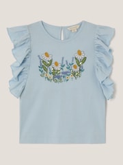 Monsoon Blue Floral Embroidered Frill T-Shirt - Image 1 of 3