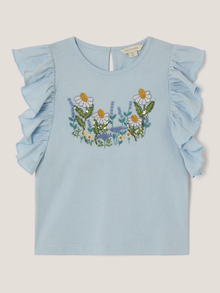 Monsoon Blue Floral Embroidered Frill T-Shirt - Image 1 of 3 Monsoon Blue Floral Embroidered Frill T-Shirt - Image 1 of 3