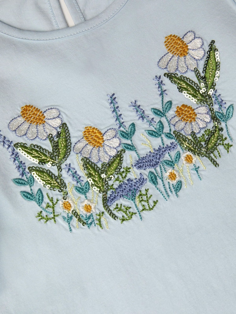 Monsoon Blue Floral Embroidered Frill T-Shirt - Image 3 of 3 Monsoon Blue Floral Embroidered Frill T-Shirt - Image 3 of 3
