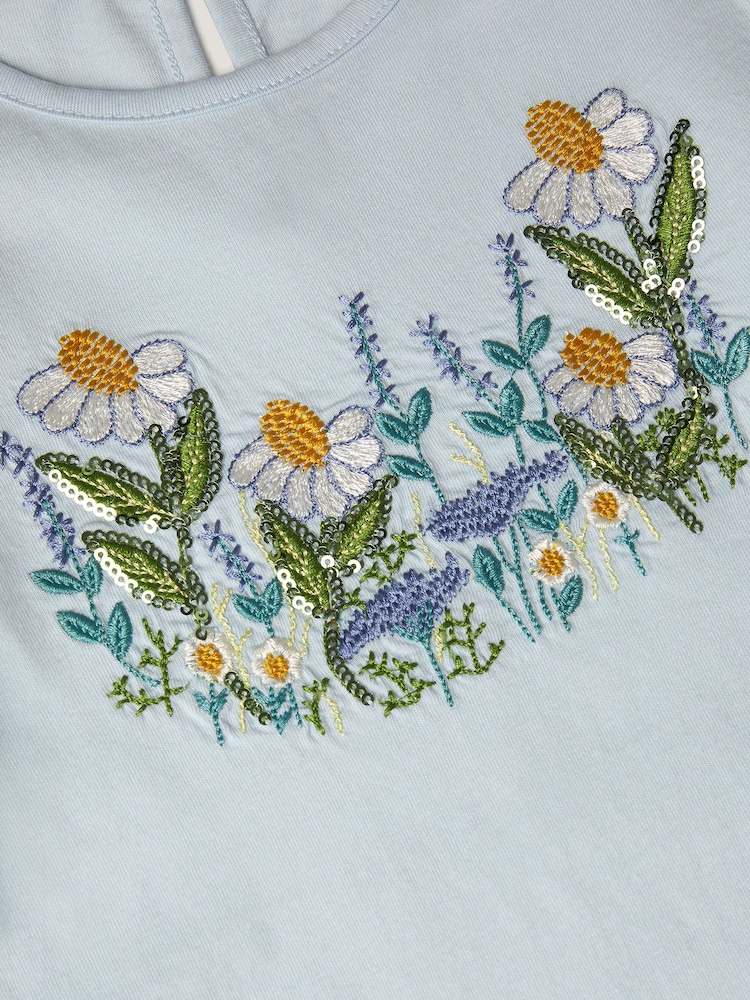 Monsoon Blue Floral Embroidered Frill T-Shirt - Image 5 of 5 Monsoon Blue Floral Embroidered Frill T-Shirt - Image 5 of 5