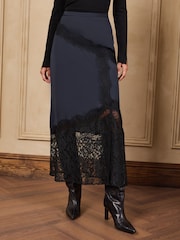 Love & Roses Navy Blue Satin Placement Lace Midi Skirt - Image 1 of 6