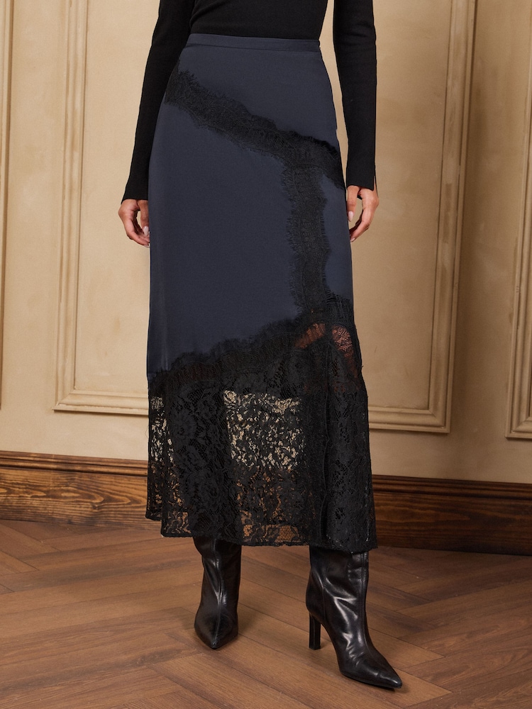Love & Roses Navy Blue Satin Placement Lace Midi Skirt - Image 1 of 6