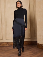 Love & Roses Navy Blue Satin Placement Lace Midi Skirt - Image 2 of 6