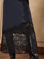 Love & Roses Navy Blue Satin Placement Lace Midi Skirt - Image 3 of 6