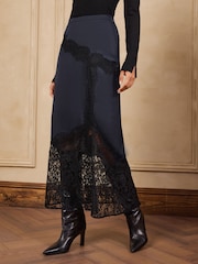 Love & Roses Navy Blue Satin Placement Lace Midi Skirt - Image 4 of 6