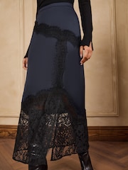 Love & Roses Navy Blue Satin Placement Lace Midi Skirt - Image 5 of 6