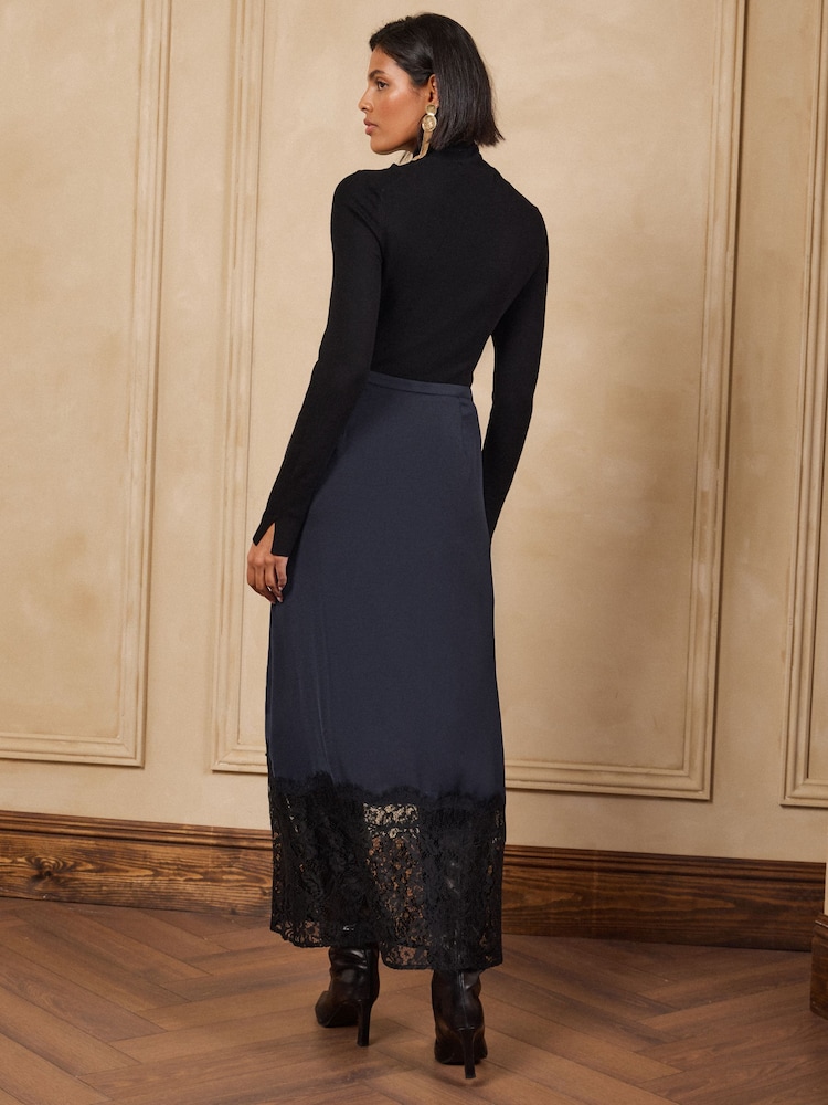 Love & Roses Navy Blue Satin Placement Lace Midi Skirt - Image 6 of 6