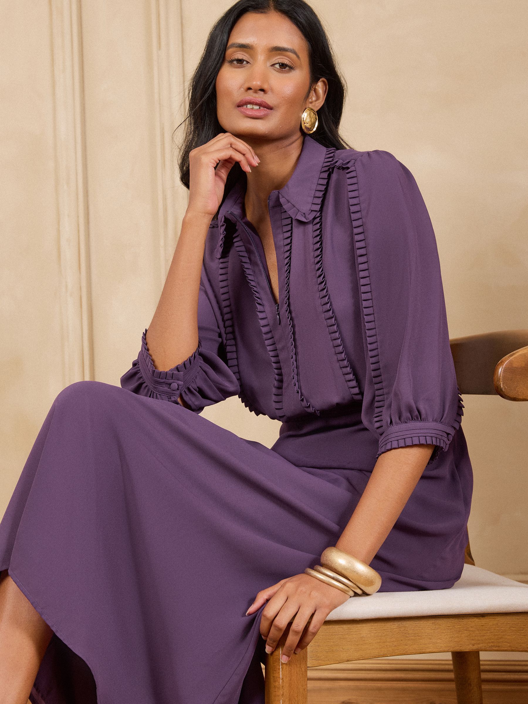 Buy Love & Roses Aubergine Purple Zip Collar Plain Shirt Dress