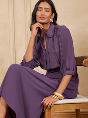 Love & Roses Aubergine Purple Zip Collar Plain Shirt Dress - Image 3 of 5