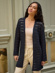Threadbare Blue Pointelle Knit Longline Cardigan - Image 1 of 5