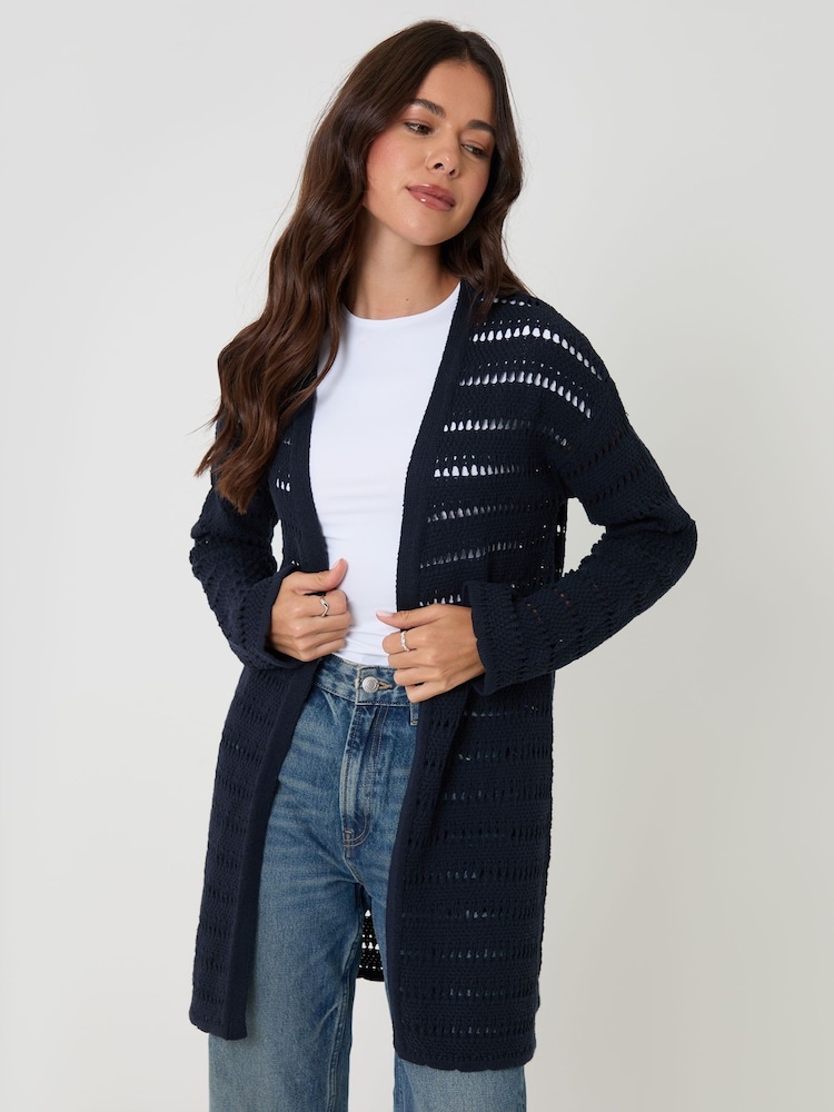 Threadbare Blue Pointelle Knit Longline Cardigan - Image 2 of 5