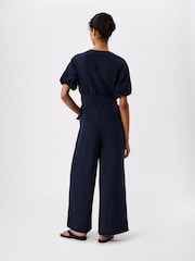 Whistles Blue Linen Blend Tie Waist Jumpsuit - Image 2 of 4