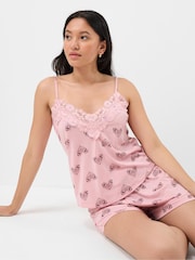Accessorize Pink Heart Print Lace Trim Short Pyjamas Set - Image 1 of 4