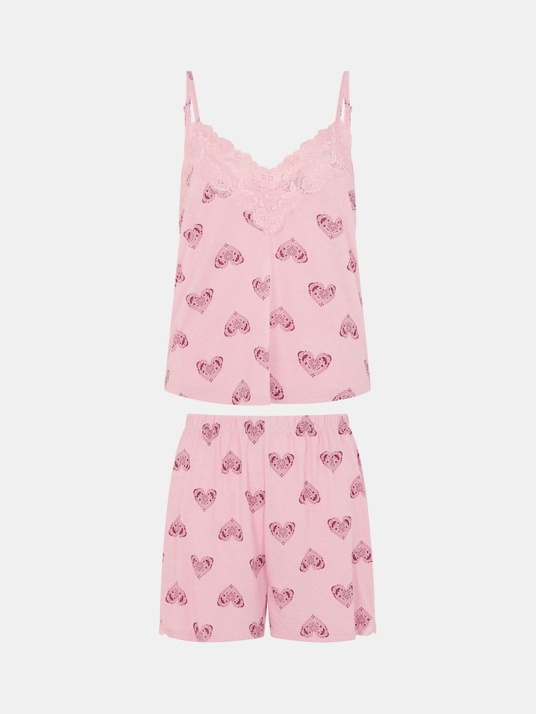 Accessorize Pink Heart Print Lace Trim Short Pyjamas Set - Image 4 of 4