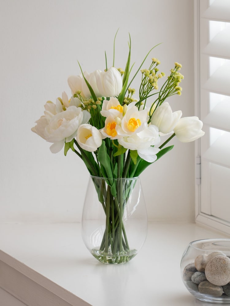 Scottish Everlastings Ltd White Faux Mixed Floral in Glass Vase - Image 1 of 3