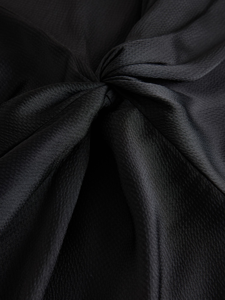 Black Satin Short Sleeve Twist Front Midi Dress - Image 2 of 7