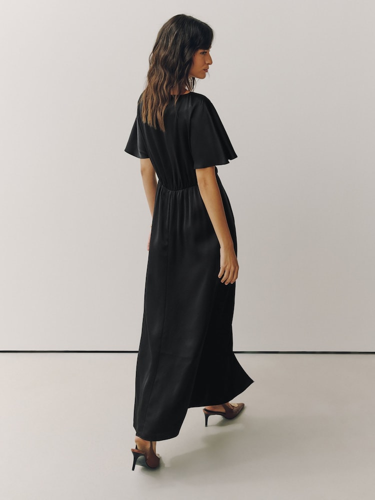 Black Satin Short Sleeve Twist Front Midi Dress - Image 2 of 3 Black Satin Short Sleeve Twist Front Midi Dress - Image 2 of 3