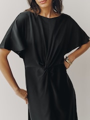 Black Satin Short Sleeve Twist Front Midi Dress - Image 4 of 7