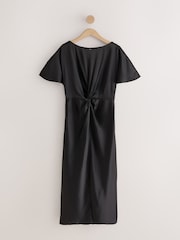 Black Satin Short Sleeve Twist Front Midi Dress - Image 5 of 7