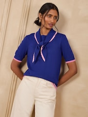 Love & Roses Cobalt Blue Tie Neck Short Sleeve Knitted Top - Image 1 of 4