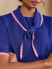 Love & Roses Cobalt Blue Tie Neck Short Sleeve Knitted Top - Image 2 of 4