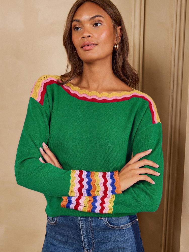 Love & Roses Bright Green Striped Detail Slash Neck Knitted Top - Image 2 of 4