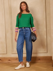 Love & Roses Bright Green Striped Detail Slash Neck Knitted Top - Image 3 of 4