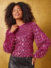 紫粉色 - Love & Roses Fringe Sequin Long Sleeve Blouse - 4的图像1｝