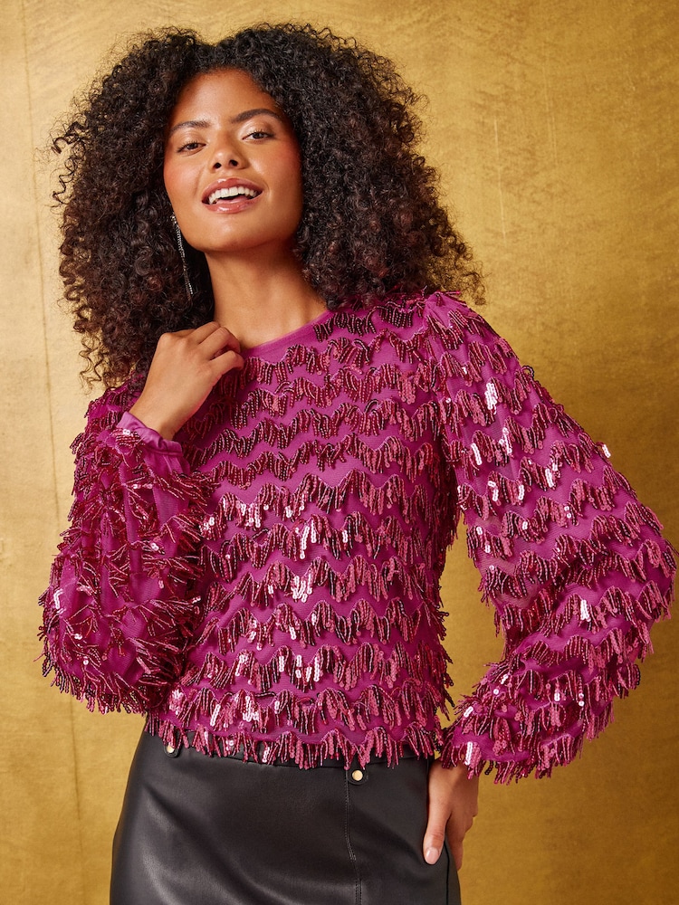 紫粉色 - Love & Roses Fringe Sequin Long Sleeve Blouse - 4的图像1｝