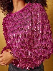 紫粉色 - Love & Roses Fringe Sequin Long Sleeve Blouse - 4的图像2｝