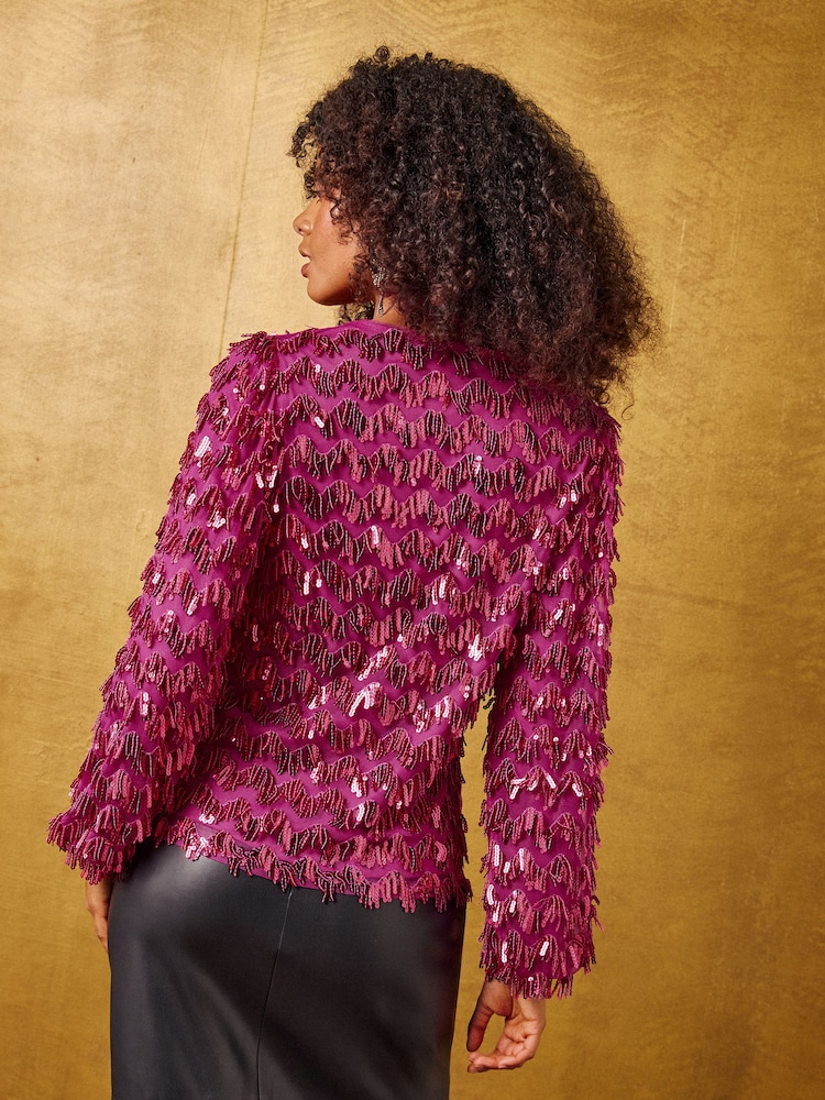 紫粉色 - Love & Roses Fringe Sequin Long Sleeve Blouse - 4的图像4｝