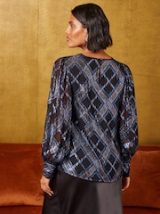 Love & Roses Metallic Check Scarf Neck Long Sleeve Blouse - 圖片 6/6