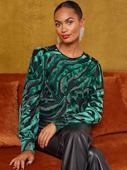 Love & Roses Green Zebra Burnout 3/4 Sleeve Blouse - Image 1 of 6