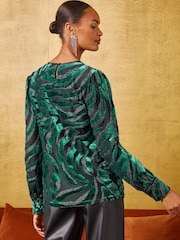 Love & Roses Green Zebra Burnout 3/4 Sleeve Blouse - Image 5 of 6
