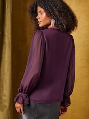 Morado - Love & Roses Sequin Front Long Sleeve Chiffon Blouse - Imagen 3 de 6