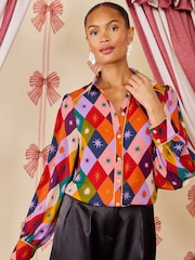 Love & Roses X Kate Fox Harlequin Print Button Through Long Sleeve Shirt - Image 1 of 5