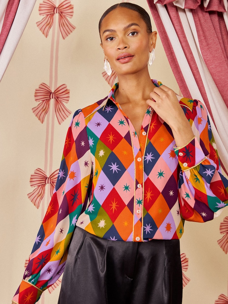 Love & Roses X Kate Fox Harlequin Print Button Through Long Sleeve Shirt - Image 1 of 5
