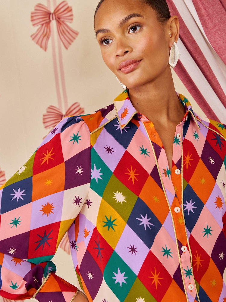 Love & Roses X Kate Fox Harlequin Print Button Through Long Sleeve Shirt - Image 2 of 5